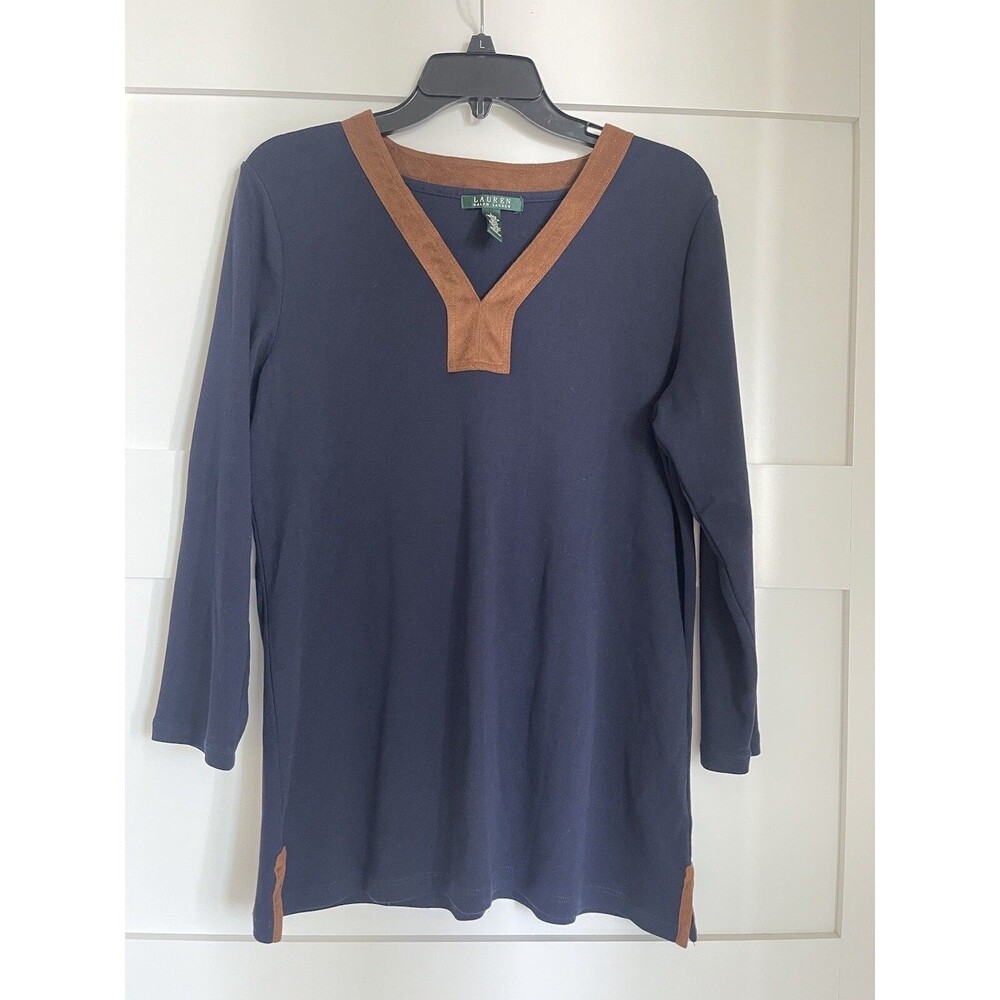 Lauren Ralph Lauren Womens  Sz L Black V-Neck Shirt Top Faux Suede Brown Trim